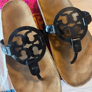 Tory Burch Black Patent Cork Miller Cloud Sandals